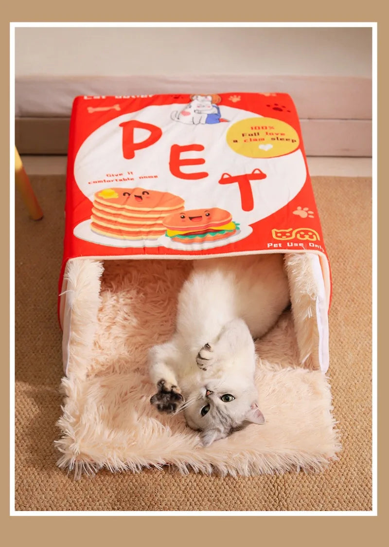 🍪 Snack Box Cat Cave Bed – Cozy Enclosed Plush Hideaway for Cats