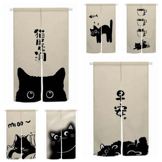 Japanese Cute Cat Door Curtain – Noren-Style Linen Look Partition