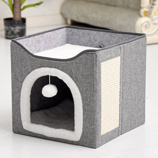 CozyFold Convertible Cat House & Bed with Scratch Panel (Foldable & Washable)
