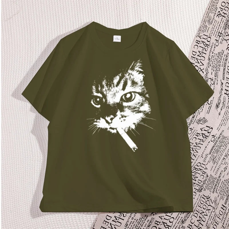 Smokin’ Cool Cat Oversized T-Shirt – Funny Graphic Streetwear Cotton Tee
