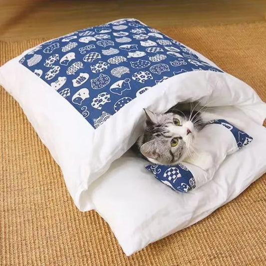 🐱 Cute Cozy Cat Cave Bed – Removable Cotton Pet House for Cats & Small Dogs