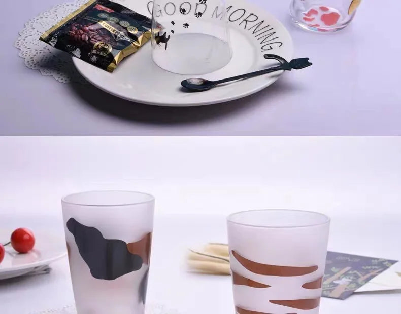 Frosted Cartoon Cat Paw Glass Cup – Cute Coffee, Milk & Tea Mug (300ml)