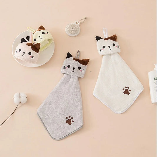 Cute Cat Hanging Hand Towel – Super Absorbent Plush Kitchen & Bathroom Cloth