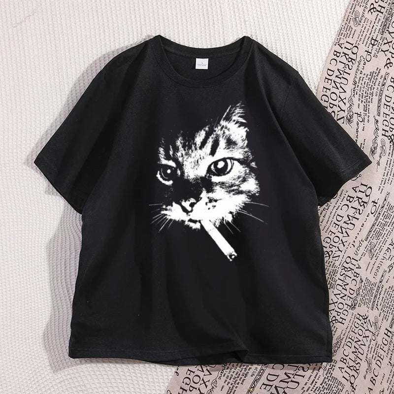 Smokin’ Cool Cat Oversized T-Shirt – Funny Graphic Streetwear Cotton Tee
