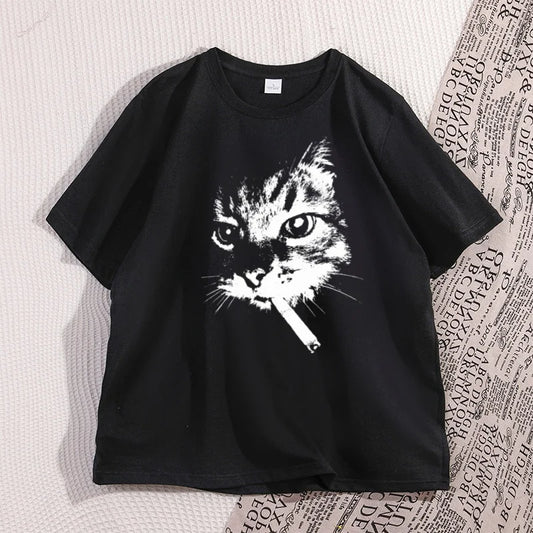 Smokin’ Cool Cat Oversized T-Shirt – Funny Graphic Streetwear Cotton Tee