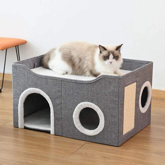 CozyFold Convertible Cat House & Bed with Scratch Panel (Foldable & Washable)