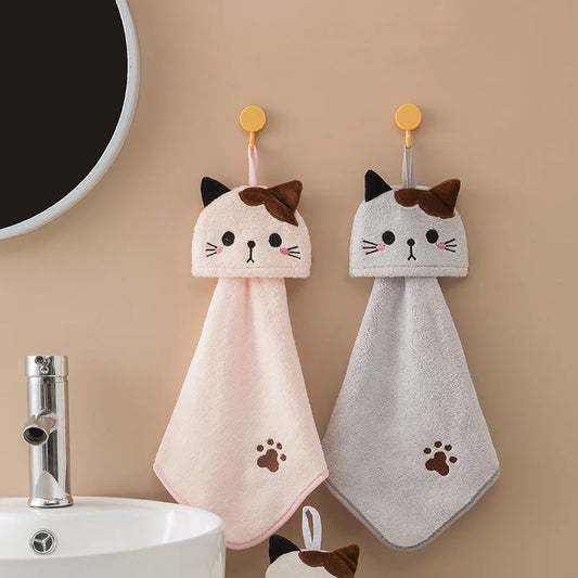 Cute Cat Hanging Hand Towel – Super Absorbent Plush Kitchen & Bathroom Cloth